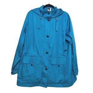 Lands End Womens 1X Teal Blue Hooded Rain Jacket Parka 16W-18W